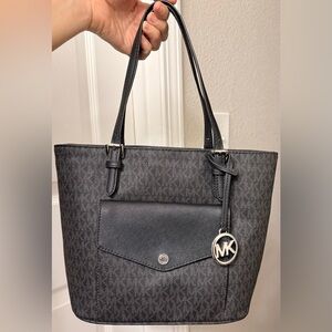 Michael Kors Jet Set Medium Logo Pocket Tote Bag in Signature Black.